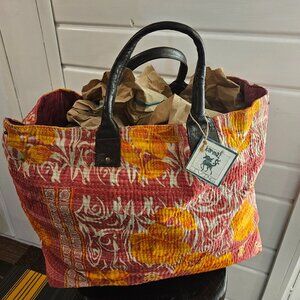 NWT Karma Living Vintage Carry On Cotton Bag with Leather Handles